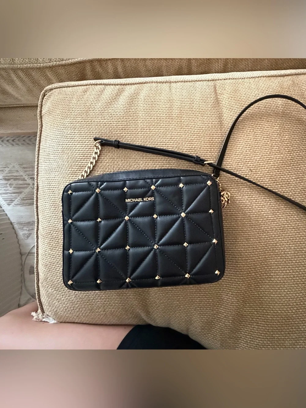 Michael Kors Black Quilted Crossbody with Gold Pyramid Studs